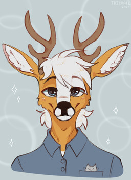 anthro antlers blue_clothing blue_eyes blue_shirt blue_topwear clothing fur hair horn looking_at_viewer male markings orange_body orange_fur shirt simple_background solo sparkles spots spotted_body topwear white_hair trickate breezy_(breezydiz) cervine deer fallow_deer mammal