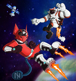black_boots black_clothing black_footwear boots clothing cosmic_background cybernetic_limb cybernetic_tail duo earth_(planet) flying footwear jet_pack male male/male red_spandex rocket_boots satellite shoes space space_background spacesuit overkelion nintendo pokemon tahu_(incineroar) zalno generation_7_pokemon incineroar pokemon_(species) hi_res