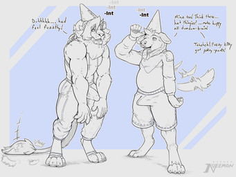 4_toes 5_fingers abstract_background anthro biped bodily_fluids bulge claws clothed clothing dialogue drooling dunce_cap duo erection erection_under_clothing facial_piercing feet fingers hat headgear headwear hindpaw intelligence_loss male muscular muscular_anthro muscular_male nose_piercing nose_ring open_mouth open_smile pawpads paws piercing ring_piercing ringed_eyes saliva simple_background slightly_chubby slightly_chubby_anthro slightly_chubby_male smile standing tail tail_motion tailwag tenting text toe_claws toes nveemon kay_(kaydeross) rui_(rui_the_sniffer) canid canine canis domestic_dog felid lion mammal pantherine 2026 4:3 digital_media_(artwork) english_text