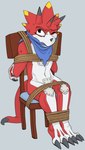 anthro arms_tied bdsm bondage bound chair codpiece furniture gag gagged horn legs_tied male red_body restraints rope rope_bondage scarf solo phantastus bandai_namco digimon betelgammamon digimon_(species) scalie hi_res