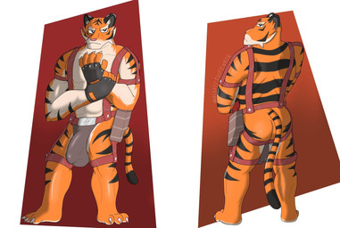 abs anthro bulge butt clothing constanc_(anomaly_collapse) detailed_bulge fingerless_gloves fur gloves gun handwear holster jockstrap looking_at_viewer looking_back male muscular muscular_anthro muscular_male orange_body orange_fur ranged_weapon simple_background solo stripes tail tan_body tan_fur underwear weapon assassinfenrir anomaly_collapse felid mammal pantherine tiger colored hi_res shaded signature