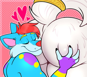 4_fingers accessory ambiguous_gender anthro big_butt black_claws blonde_eyebrows blue_body blue_fur body_worship butt butt_focus butt_grab butt_worship cheek_tuft claws closed_smile duo eyebrows eyes_closed facial_tuft finger_claws fingers fur fur_markings furgonomics hair hand_on_butt heart_symbol holding_butt hug huge_butt hugging_another hugging_butt jewelry light male male_anthro markings mouth_closed multicolored_body multicolored_fur outline pink_background pink_outline purple_markings red_hair red_nose ring short_hair simple_background smile tail tail_accessory tail_jewelry tail_ring thick_thighs tuft whisker_spots white_body white_fur white_tail yellow_markings ractoons dustin_(rainestallion) canid canine mammal 2025 absurd_res colored digital_drawing_(artwork) digital_media_(artwork) english_description hi_res lighting shaded