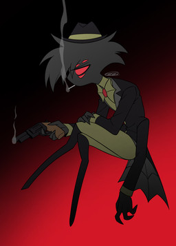 4_arms cigar cigar_smoke cigarette clothed clothing gun handgun hat headgear headwear holding_gun holding_handgun holding_object holding_ranged_weapon holding_weapon male multi_arm multi_eye multi_limb ranged_weapon smoke smoking smoking_cigarette solo weapon enaic31 hazbin_hotel hellaverse arackniss_(hazbin_hotel) arachnid arthropod humanoid spider absurd_res hi_res