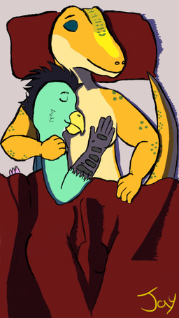 anthro bed duo furniture male male/male sleeping sleeping_together jaydaygecko final_fantasy square_enix sio avian chocobo gecko lizard reptile scalie hi_res
