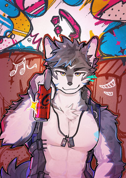 anthro bare_chest beverage beverage_can big_ears big_muscles blue_highlights claws clothed clothing colorful_background featureless_chest fluffy fur graffiti grey_body grey_fur hair half-closed_eyes harness highlights_(coloring) holding_object humanoid_hands jewelry looking_at_viewer male male_anthro multicolored_body multicolored_fur muscular muscular_anthro muscular_male musical_note musical_symbol narrowed_eyes necklace off_shoulder pecs pink_inner_ear shirtless shirtless_anthro shirtless_male smile smirk solo straps stylized_background symbol tuft two_tone_body two_tone_fur wall_(structure) white_body white_fur yellow_eyes lpemniii coca-cola archermagnum canid canine canis mammal wolf absurd_res half-length_portrait hi_res portrait signature