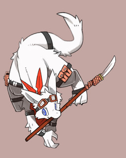 accessory armband blue_eyes cheek_tuft eyewear eyewear_on_head facial_tuft feral fluffy fluffy_tail footband fur fur_tuft furgonomics goggles goggles_on_head head_tuft high-angle_view kerchief leg_pouch melee_weapon neckerchief neckwear polearm quadruped semi-anthro solo spear tail tail_accessory tailband tuft weapon white_body white_fur wristband pizademokttero ambiguous_species mammal 2024 4:5 absurd_res digital_drawing_(artwork) digital_media_(artwork) hi_res