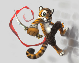 anthro belt bottomwear clothed clothing dagger green_eyes holding_object holding_weapon looking_at_viewer male melee_weapon shorts solo stripes tail topless weapon young young_anthro young_male silverfox5213 felid mammal pantherine tiger