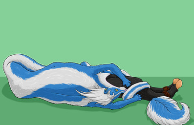 ambiguous_anthro ambiguous_gender anthro anthro_prey apode blue_body blue_fur bound duo female female_pred fur green_background hair head_first hooves legless legs_tied male male_prey neck_bulge oral_vore partially_inside same_size_vore serpentine simple_background stretched_mouth striped_body striped_fur stripes vore whiskers white_body white_fur white_hair yellow_eyes strega european_mythology greek_mythology mythology uvuzi bovid bovine draconcopode hybrid mammal mephitid minotaur naga skunk hi_res