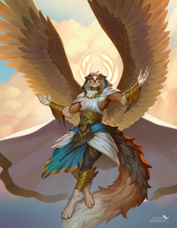 anthro armor barefoot big_tail brown_body brown_fur claws cloak clothed clothing cloud collar feathered_wings feathers feet finger_claws fur greaves halo looking_at_viewer male paws solo tail text toe_claws vambrace white_body white_fur wings saltamor canid canine canis domestic_dog mammal 2026 artist_name digital_media_(artwork) full-length_portrait hi_res portrait watermark