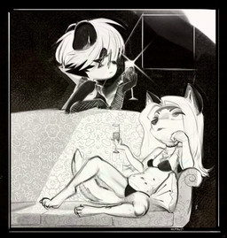 anthro belly_nipples beverage black_body black_hair black_nose breasts clothed clothing container cup drinking_glass duo eyebrows female fur glass glass_container glass_cup hair nipples short_hair text topwear white_body white_fur wine_glass young young_anthro young_female horemheb daphne_(horemheb) sasha_blythe bear canid canine canis domestic_dog giant_panda mammal 2025 digital_drawing_(artwork) digital_media_(artwork) english_text greyscale hi_res monochrome shaded sketch