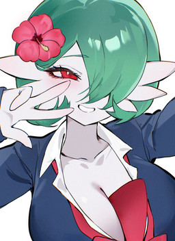 breasts clothing female gesture green_hair hair hand_gesture looking_at_viewer red_eyes smile solo uniform v_sign white_body chunniwa nintendo pokemon gardevoir generation_3_pokemon humanoid pokemon_(species) absurd_res hi_res