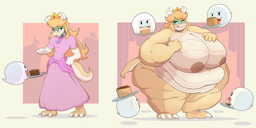 2_horns 3_toes 4_fingers alternative_fashion ambiguous_gender anthro anthrofied areola barefoot belly belly_overhang big_breasts blonde_hair blue_eyes breasts cake clothed clothing collar countershade_face countershade_tail countershade_torso countershading crown deep_navel dessert dress eyebrow_through_hair eyebrows eyelashes fangs feeding feet female fingers floating food green_body green_scales group hair headgear hime_lolita holding_object holding_plate horn huge_breasts huge_hips huge_thighs j-fashion lolita_(fashion) long_hair mature_female navel nude obese obese_anthro obese_female open_mouth overweight overweight_anthro overweight_female pancake pink_clothing pink_dress plate princess royalty scales snout solo_focus standing studded_collar studs sweetroll tail tan_body tan_scales teeth thick_thighs toes tongue tongue_out translucent translucent_hair ventral_scales weight_gain white_body white_countershading white_scales wide_hips bee-unit bowser's_inside_story mario_and_luigi_(series) mario_bros nintendo princess_koopa princess_peach boo_(mario) koopa scalie 2023 absurd_res digital_media_(artwork) hi_res