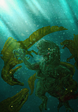 ambiguous_gender attack blood bodily_fluids brown_body brown_scales bubble claws feral fin glowing glowing_eyes group head_crest light light_beam multi_limb newt_tail no_pupils open_mouth sail_(anatomy) scales sharp_teeth size_difference solo sunbeam sunlight tail tail_fin teeth underwater water yellow_body yellow_scales conor29882576 jurassic_park jurassic_world jurassic_world:_rebirth universal_studios dinosaur distortus_rex hybrid prehistoric_species reptile saurischian scalie spinosaurid spinosaurus theropod hi_res
