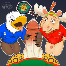anthro balls black_background blue_uniform blush bodily_fluids brown_body clothed clothing cum erection exclamation_point feathers fellatio fluid-body foreskin genital_fluids genitals glans group hands_behind_back horn humanoid_genitalia humanoid_penis kneeling kneeling_and_blow_position kneeling_on_ground kneeling_oral_position male male/male male_anthro nervous open_mouth oral penile penis penis_size_difference precum red_uniform sex simple_background small_penis submissive surprised trio uniform vein world_cup yellow_body shiloxp fifa clutch_(fifa) maple_(fifa) zayu_(fifa) accipitrid accipitriform avian bald_eagle bird deer eagle felid jaguar mammal moose new_world_deer pantherine sea_eagle absurd_res hi_res