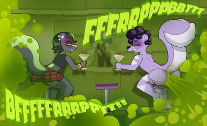 alcohol alternative_fashion anthro bar_counter bar_stool bartender beverage big_butt bite biting_lip blush bodily_fluids bow_tie bubble butt clothing cocktail cocktail_garnish cocktail_glass container counter cup dirty dirty_clothing drinking_glass drunk drunk_bubble ear_piercing fart fart_cloud fart_fetish fart_stain furniture gas_mask glass glass_container glass_cup goth green_fart_cloud group horn male mask nervous nervous_sweat nude nude_male onomatopoeia panicking piercing relaxed_expression relieved sitting skunk_tail smelly smelly_butt smug_face sound_effects stained_clothing stained_fur stink_cloud stink_fumes stool substance_intoxication sweat text trio squiddy62 hal_(hal_skunky) stinkbomb_(stinkbombskunk) thunder_thresh_(squiddy62) aquatic demon fish hybrid mammal mephitid shark skunk hi_res