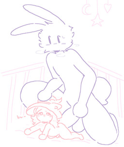 age_difference anthro big_penis crib duo erection genitals male male/male neonate penis size_difference young ped_byn lagomorph leporid mammal rabbit hi_res