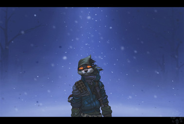 clothed clothing eyewear female goggles looking_at_viewer night nuclear_winter outside plant post-apocalyptic scenery snow snowing solo tree wind winter wood fighterjet linkev_christenen mammal mustelid otter 2012