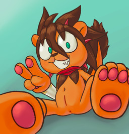 anthro anus chibi gesture green_eyes hand_gesture horn looking_at_viewer male navel orange_body paws pupils scarf simple_background slit_pupils smile solo v_sign foulex mythology foulex_(character) dragon felid hybrid lion mammal mythological_creature mythological_scalie pantherine scalie absurd_res hi_res