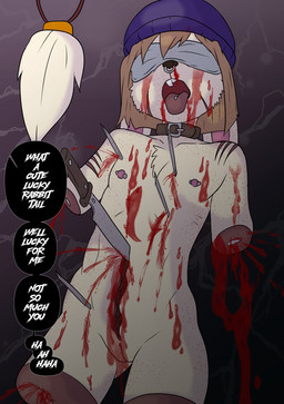 4_missing_limbs amputee ball_gag barbell_piercing bdsm beanie blindfold blood bodily_fluids bondage bottomwear bound buckteeth clothing collar collarbone covered_eyes crop_top dark_joykill disability dismemberment double_amputee facial_piercing female flat_chested gag gagged genitals gore gore_focus hat headgear headwear impalement innie_vulva knife matathesis missing_limbs navel nipple_bar nipple_piercing nipples nose_piercing nosebleed nude open_mouth organs piercing quadruple_amputee rope shirt shorts solo stomach tail teeth text tongue tongue_out tongue_piercing topwear vulva wounded young joykill third-party_edit esther lagomorph leporid mammal rabbit censor_removal_edit english_text hi_res portrait three-quarter_portrait