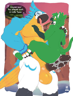 after_anal after_sex anthro balls beak bodily_fluids butt cum curvy_figure duo erection eye_contact genital_fluids genitals glans green_body half-closed_eyes hypnosis kissing larger_male leaking_cum looking_at_another male male/male mind_control muscular muscular_male musk narrowed_eyes pecs penis ringed_eyes saliva saliva_string sex sitting_on_penis size_difference small_bottom_large_top smaller_male stand_and_carry_position standing standing_sex tail text tongue tongue_out wide_hips alyxavian breath_of_the_wild mythology nintendo the_legend_of_zelda kacey_(kaceythebird) kass_(tloz) avian gryphon mythological_avian mythological_creature rito absurd_res english_text hi_res