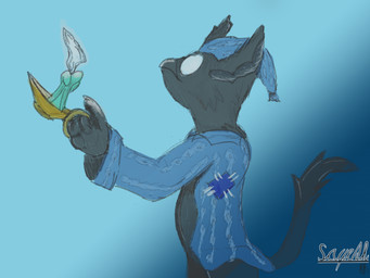 4_fingers ambiguous_gender anthro beak beak_closed biped black_body black_fur black_tail blue_clothing blue_hat blue_headgear blue_headwear blue_pajamas bottomless bottomless_ambiguous bottomless_anthro candle candlelight candlestick claws clothed clothed_ambiguous clothed_anthro clothing empty_eyes finger_claws fingers fur hat headgear headwear holding_candle holding_object light looking_up mouth_closed nightcap pajamas pattern_clothing pattern_hat pattern_headgear pattern_headwear pattern_topwear simple_background simple_coloring sleepwear solo standing tail topwear white_eyes young young_ambiguous young_anthro sayeth deadlock_(game) mythology valve rem_(deadlock) animal_humanoid avian avian_humanoid gryphon humanoid mythological_avian mythological_creature 2026 4:3