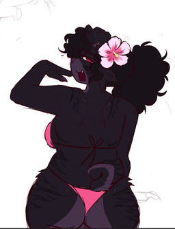 afro anthro bikini biped bodily_fluids butt cheek_tuft claws clothing curly_hair facial_tuft female female_anthro fluffy fluffy_tail fur fur_markings hair looking_at_viewer looking_back markings pawpads pink_eyes presenting presenting_hindquarters purple_body purple_fur solo standing sweat sweatdrop sweaty_butt swimwear tail tongue tongue_out tuft two-piece_swimsuit bugzthepug buggy_(bugzthepug) canid canine canis domestic_dog mammal molosser pug small_molosser toy_dog hi_res