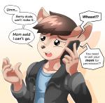 alfa995 anthro black_nose brown_eyes brown_hair cellphone clothing electronics english_text eyebrows hair jacket joey_(alfa995) kangaroo looking_up macropod male mammal marsupial open_mouth orange_background phone shirt simple_background solo speech_bubble text topwear