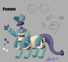 4_legs blowtorch blue_body blue_eyes cable_tail cassette_player cassette_tape color_swatch four_tone_body grey_background looking_at_viewer machine male simple_background solo speaker visor snake_metal_(artist) paxton_(snake_metal) phonotron robot taur colored hi_res shaded signature sketch