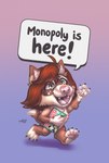 anthro biped chibi claws female happy holding_object pawpads paws piercing purple_background running simple_background solo spots naoto monopoly canid canine domestic_ferret fox hybrid mammal mustelid musteline true_musteline weasel absurd_res digital_media_(artwork) full-length_portrait hi_res portrait