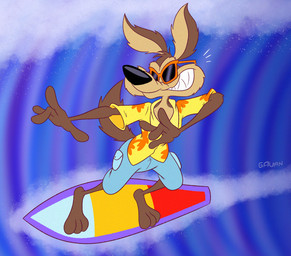 aloha_shirt anthro bottomwear brown_body brown_fur clothing eyewear fur male multicolored_body multicolored_fur pattern_clothing pattern_shirt pattern_topwear sharp_teeth shirt shorts skinny smug solo sunglasses surfboard surfing teeth topwear two_tone_body two_tone_fur water wave gavanzude looney_tunes warner_brothers wile_e._coyote canid canine canis coyote mammal alternate_version_at_paywall digital_drawing_(artwork) digital_media_(artwork) hi_res signature