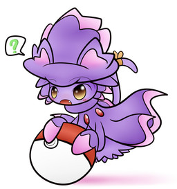 accessory blush bow_(feature) bow_accessory bow_ribbon cat_tail clothing dress female furgonomics hat headgear headwear magic_user open_mouth pokeball question_mark ribbons simple_background solo standard_pokeball tail tail_accessory tail_bow tail_ribbon witch witch_hat yellow_eyes concave_(artist) nintendo pokemon generation_4_pokemon ghost mismagius pokemon_(species) spirit