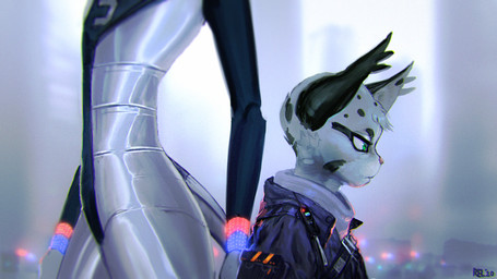 anthro black_ears black_spots blue_clothing blue_jacket blue_light blue_topwear clothed clothing duo electronics female fur green_eyes grey_body grey_fur jacket lights looking_down machine metal metallic_body pink_nose red_light serious spots topwear walkie-talkie relevancy jonesy_hoovus_(grimart) solarium_(grimart) clouded_leopard felid mammal pantherine robot 16:9 hi_res widescreen