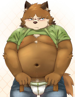 anthro belly blush bottomwear brown_body brown_fur bulge clothed clothing fur humanoid_hands kemono male moobs navel nipples open_clothing open_shirt open_topwear overweight overweight_anthro overweight_male pants shirt solo topwear underwear nikiciy canid canine mammal raccoon_dog tanuki 2015