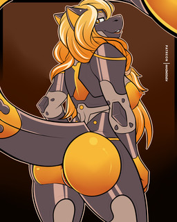 anthro big_breasts biped breasts butt female female_anthro genitals gradient_background hair lips long_hair looking_at_viewer machine nipples non-mammal_breasts non-mammal_nipples orange_eyes orange_hair orange_nipples rear_view simple_background smile smiling_at_viewer solo tail vulva amazinggwen aurei_(sirjackal) android aquatic fish robot shark 2021 4:5 absurd_res colored hi_res