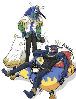 alarm_clock angry anthro clock cross-popping_vein group male muscular muscular_anthro muscular_male open_mouth pillow plushie tired trio yawn drm4tr1x egyptian_mythology middle_eastern_mythology mythology suddenly_egyptian_gods anubis medjed thoth anubian_jackal avian bird canid canine canis deity ibis jackal mammal pelecaniform threskiornithid hi_res