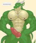 2_horns abs animal_genitalia animal_penis anthro biceps bodily_fluids genital_fluids genital_slit genitals green_body horn knot male muscular muscular_anthro muscular_male pecs penis precum scales tail text reachea mythology ragner dragon mythological_creature mythological_scalie scalie english_text hi_res