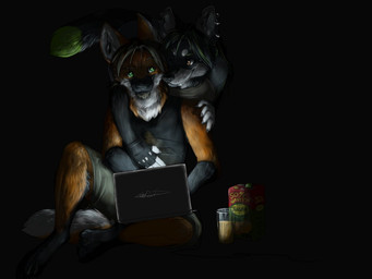 anthro barefoot beverage black_background black_body black_fur black_hair black_nose brown_eyes claws clothing computer container cup dark digitigrade duo ear_piercing electronics eye_contact feet female fingerless_gloves front_view fur gloves gloves_(marking) green_body green_eyes green_fur green_hair hair handwear juice_(beverage) laptop leg_markings looking_aside looking_at_another male markings multicolored_hair orange_body orange_fur orange_juice piercing simple_background sitting sleeveless_shirt smile socks_(marking) tail white_body white_fur fuckie fuckie_(character) raksha_silvermoon canid canine canis mammal maned_wolf wolf 4:3