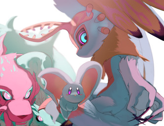 ambiguous_gender anthro antlers black_sclera blush blush_stickers chest_tuft colored_nails countershading dipstick_tail fangs feral fingernails floating fluffy fluffy_tail fur group head_wings horn huge_wings levitation looking_at_viewer markings mouthless multi_eye multi_head multicolored_body multicolored_eyes multicolored_fur nails neck_tuft notched_ear pink_body pink_eyes pupils purple_fingernails purple_nails side_view simple_background size_difference tail tail_markings tan_body tan_fur teal_body teal_eyes teal_fur teeth trio tuft unusual_wing_placement white_background white_pupils wings zakobennki kirby_(series) nintendo elfilin fecto_elfilis fecto_forgo alien chinchilla chinchillid felid goo_creature lion mammal pantherine rodent starling_(kirby) 2025 digital_drawing_(artwork) digital_media_(artwork) hi_res male_(lore)