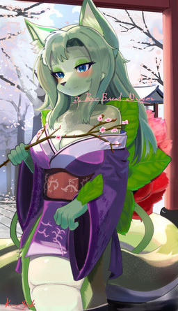 alternate_species anthro apode asian_clothing blue_eyes breasts cherry_blossom cherry_tree chest_tuft closed_smile clothed clothing east_asian_clothing female flower front_view fruit_tree fully_clothed fur green_body green_fur green_hair green_scales hair inner_ear_fluff japanese_clothing kimono legless mouth_closed outside plant prunus_(flower) rose_(flower) scales serpentine smile solo split_form tree tuft kemo_yuki rosy_blossom_(rye_bread_dragon) canid canine draconcopode fox lamia mammal reptile scalie snake hi_res