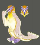 ambiguous_gender anthro beak blue_eyes feathers feet front_view multi_eye open_mouth purple_mouth scales scutes solo tail tail_feathers talons teeth toes tongue white_body white_scales yellow_body yellow_feathers avian-king avian bird hybrid mammal pangolin penguin hi_res model_sheet