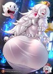 alternate_species apode big_breasts breasts crossgender crown female hair headgear humanoidized larger_female legless looking_at_viewer looking_back looking_back_at_viewer mtf_crossgender size_difference super_crown text tongue tongue_out white_hair enmanuelart bowsette_meme luigi's_mansion mario_bros nintendo boo_mario boosette king_boo mario boo_(mario) ghost humanoid spirit absurd_res hi_res meme url