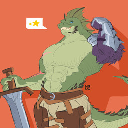 abs anthro arm_scar armor barazoku belt blue_eyes bottomwear brown_bottomwear brown_clothing brown_spikes chest_scar clothed clothing facial_spikes flexing flexing_bicep frill_(anatomy) gauntlets gloves green_body green_frill handwear head_crest head_frill holding_melee_weapon holding_object holding_sword holding_weapon jaw_spikes logo male melee_weapon orange_background pecs scar simple_background smile smiling_at_viewer solo speech_bubble spikes spikes_(anatomy) star_symbol sword tail tail_ridge topless topless_anthro topless_male weapon w0lfi dungeons_and_dragons hasbro wizards_of_the_coast erenok_(kilyion) lizardfolk_(dnd) lizardman scalie 1:1 artist_logo digital_media_(artwork) hi_res portrait three-quarter_portrait