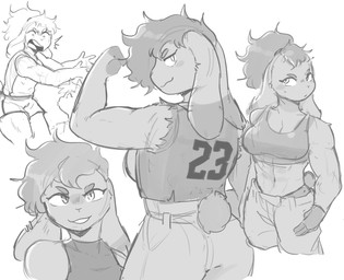 abs anthro bottomwear bra breasts clothed clothed_anthro clothed_female clothing crop_top duo ear_piercing eyebrows female female_anthro fingers flexing flexing_bicep floppy_ears front_view hair looking_back lop_ears mouth_closed muscular muscular_anthro muscular_female open_mouth piercing ponytail rear_view shirt shorts simple_background sleeveless_shirt smile solo sports_bra tail topwear torn_clothing torn_shirt torn_topwear underwear white_background conditional_dnp sonokido ventura_city_drifters alina_scratch emily_lang domestic_cat felid feline felis lagomorph leporid mammal rabbit russian_blue 2023 digital_drawing_(artwork) digital_media_(artwork) english_description hi_res monochrome sketch_page
