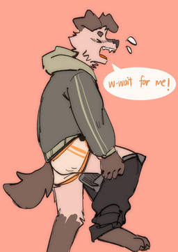 >_< anthro black_body black_bottomwear black_clothing black_eyes black_fur black_pants bottomwear clothing eyes_closed floppy_ears fur green_clothing green_hoodie green_topwear hoodie male pants putting_on_clothes slim_anthro slim_male solo topwear white_body white_fur hemuchang shin_(hemuchang) canid canine canis domestic_dog mammal 2022 hi_res
