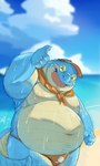 anthro beach belly blue_body blush bulge clothing green_eyes hat headgear headwear male navel one_eye_closed overweight seaside solo speedo swimwear visor_cap wet wet_body wink tengzai05 lifewonders tokyo_afterschool_summoners makara_(tas) crocodile crocodilian reptile scalie hi_res