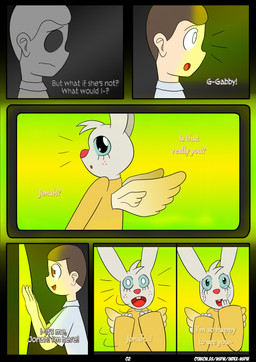 anthro bodily_fluids cartoon_freckles crying dialogue electronics eyelashes female freckled_face freckles hands_on_screen long_eyelashes male motion_lines tears tears_of_joy television text otakon_(artist) angel_hare the_east_patch angel_gabby jonah_whitman angel human lagomorph leporid mammal rabbit comic english_text hi_res