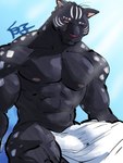 3:4 abs anthro bandai_namco bed_sheet bedding black_body black_fur convenient_censorship eugene_gallardo facial_markings felid fur half-closed_eyes half_asleep head_markings hi_res looking_at_viewer male mammal markings melanistic muscular muscular_anthro muscular_male narrowed_eyes nipples nude pantherine pecs shirako solo tales_of_(series) tales_of_rebirth