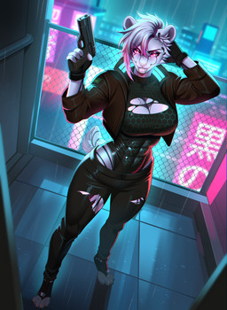 big_breasts bodysuit bottomwear breasts city cityscape clothing cyberpunk fangs female gloves gun handwear latex machine mature_female muscular muscular_female neon night pants raining ranged_weapon rooftop science_fiction shirt skinsuit smile smiling_at_viewer smirk smirking_at_viewer solo teeth tight_bottomwear tight_clothing tight_pants topwear torn_bottomwear torn_clothing torn_pants torn_shirt torn_topwear urban weapon agrixxx android felid mammal prehistoric_species robot saber-toothed_tiger smilodon hi_res