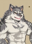 abs anthro athletic biceps big_muscles clothed clothing fangs fur grey_body grey_fur looking_at_viewer male muscular muscular_anthro muscular_male open_mouth pecs pink_nose solo teeth tongue topless tuft ginnosuke felid mammal pantherine tiger