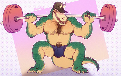 anthro armpit_hair barbell body_hair bulge chest_hair clothed clothing exercise green_body hat headgear headwear horn male muscular muscular_anthro muscular_male nipples pecs pubes solo topless underwear weightlifting workout xeoniios tony_(xeoniios) crocodile crocodilian reptile scalie absurd_res hi_res